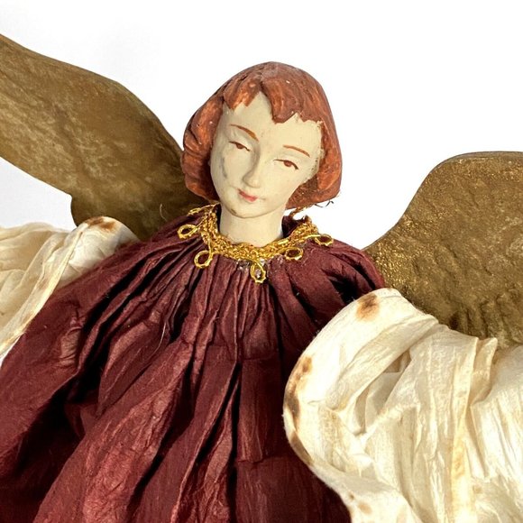 Vintage Christmas Tree Topper Angel Hand Painted Wine Red Dress Red Hair - Picture 3 of 8